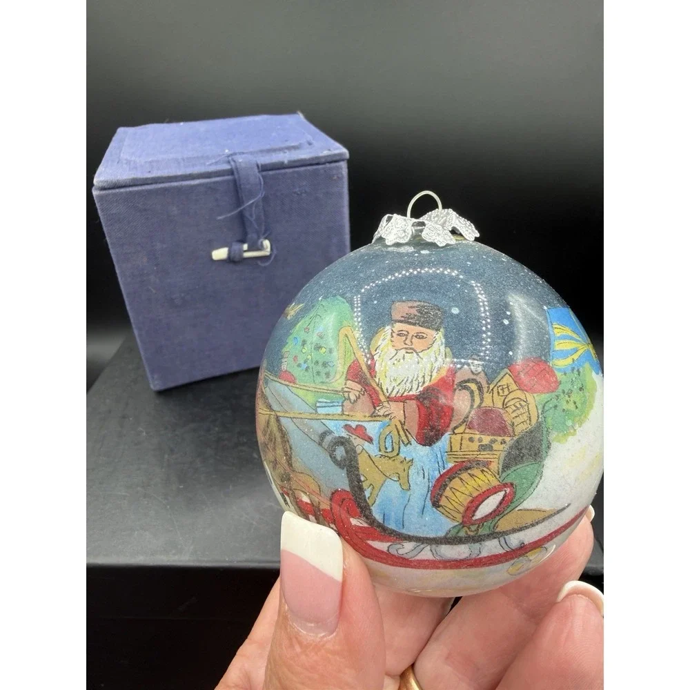 🎄✨ Watkins Reverse‑Painted Hand‑Blown Glass Ornament #5553 – Santa & Toys Scene
